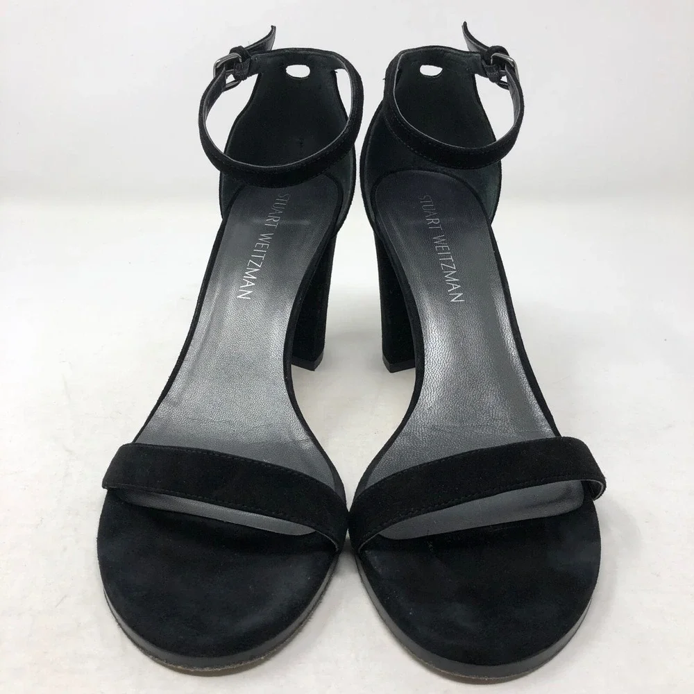 Stuart Weitzman Nearly Nude Strappy Block Heels Womens 9 Black Suede Going Out‎